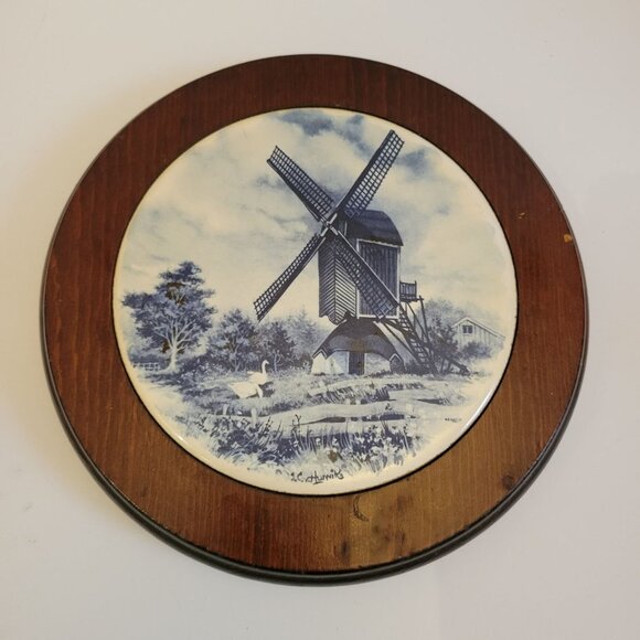 Vintage Blue & White Delft Windmill Ceramic Trivet With Wooden Frame - Picture 1 of 6